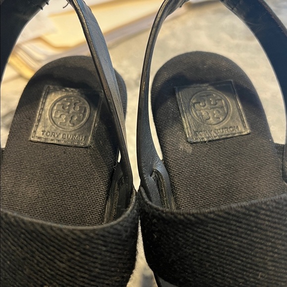 Tory Burch Black and Tan Wedge Sandals - Picture 11 of 12